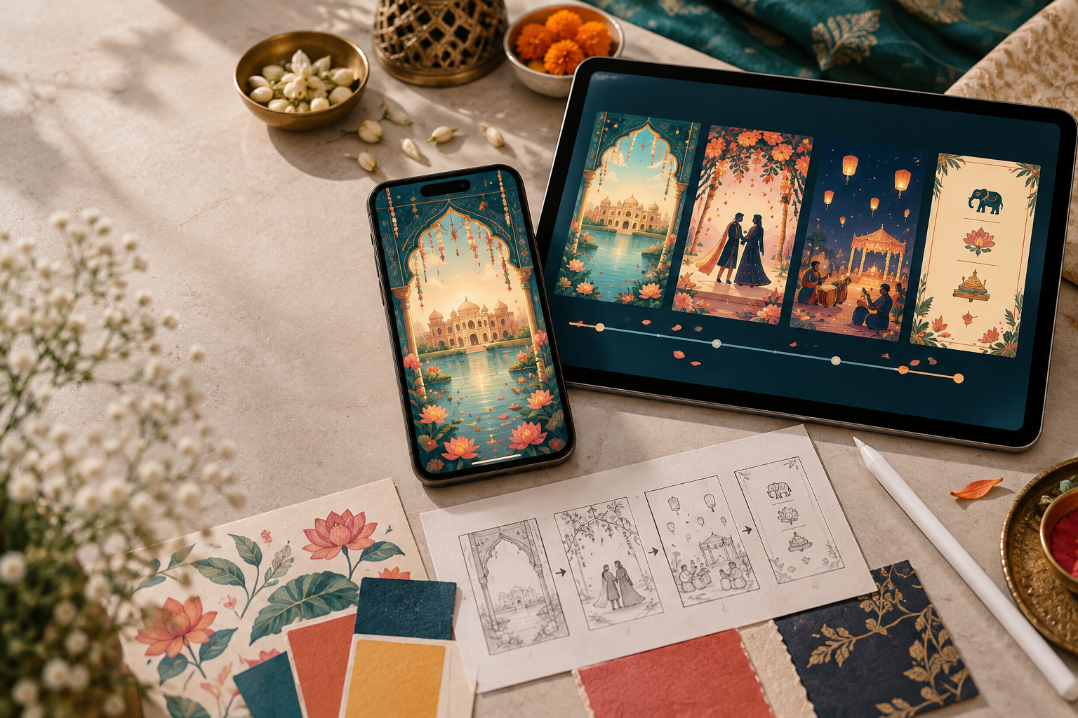 A phone and tablet showing illustrated Indian celebration invitation frames and a visual storyboard
