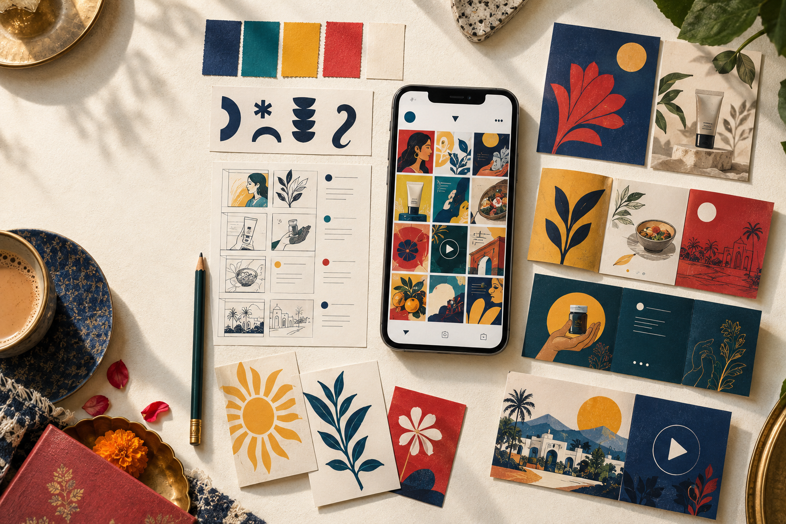 A colourful social media design system displayed as a phone grid, carousel cards and creative brand materials