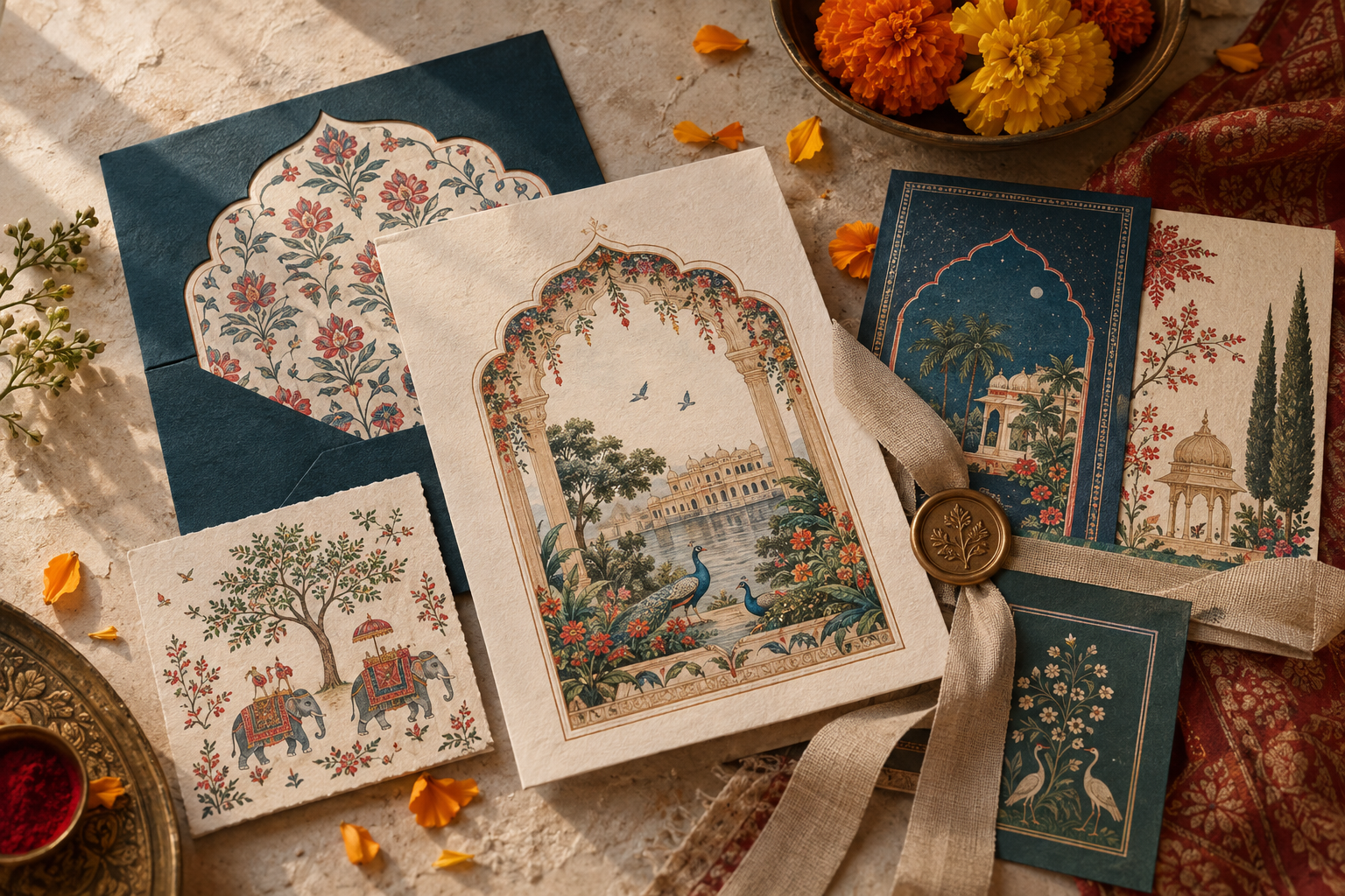 An illustrated Indian wedding invitation suite with botanical artwork, envelopes and celebration stationery